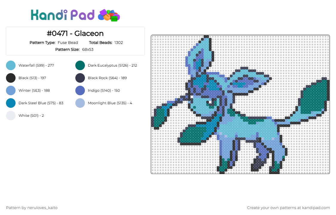 #0471 - Glaceon - Fuse Bead Pattern by rain-is-main on Kandi Pad - light blue