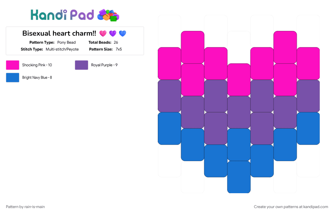 Bisexual heart charm!! 🩷💜💙 - Pony Bead Pattern by rain-is-main on Kandi Pad - 