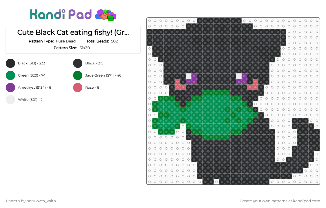 Cute Black Cat eating fishy! (Green fish) - Fuse Bead Pattern by neruloves_kaito on Kandi Pad - black,green