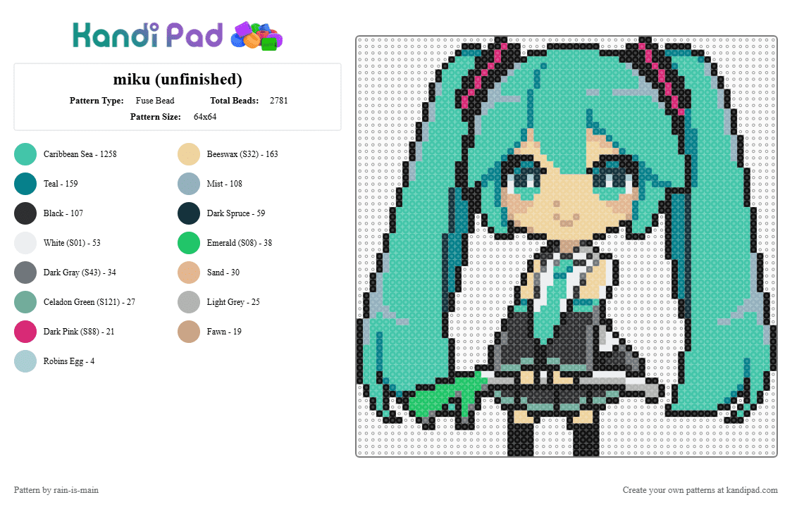 miku (finished) - Fuse Bead Pattern by rain-is-main on Kandi Pad - teal
