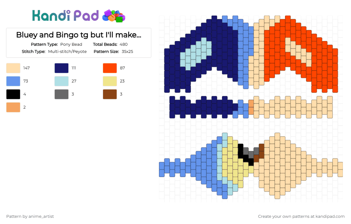 Bluey and Bingo tg but I\'ll make them separate too - Pony Bead Pattern by rain-is-main on Kandi Pad - light blue,red,beige,purple