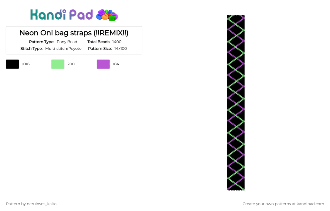 Neon Oni bag straps (!!REMIX!!) - Pony Bead Pattern by rain-is-main on Kandi Pad - black,teal,pink