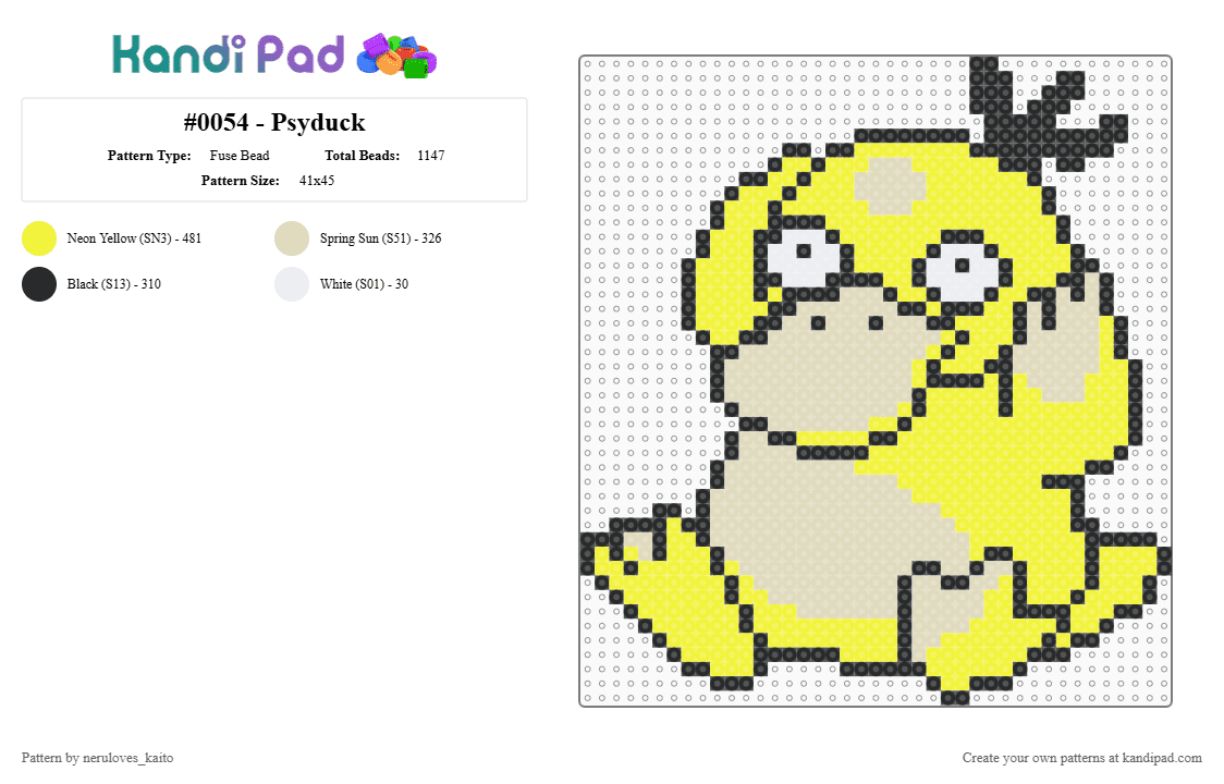 #0054 - Psyduck - Fuse Bead Pattern by neruloves_kaito on Kandi Pad - beige,yellow