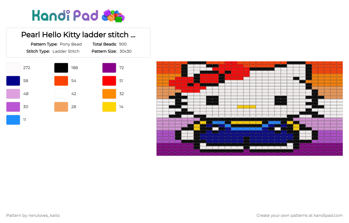 Pearl Hello Kitty ladder stitch cuff (w/ Les bg) - Pony Bead Pattern by rain-is-main on Kandi Pad - pink, red, white