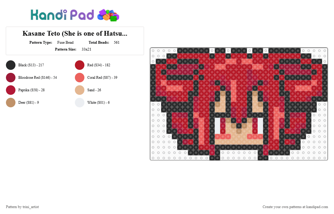 Kasane Teto (She is one of Hatsune Miku and Akita Neru\'s friends) - Fuse Bead Pattern by rain-is-main on Kandi Pad - red
