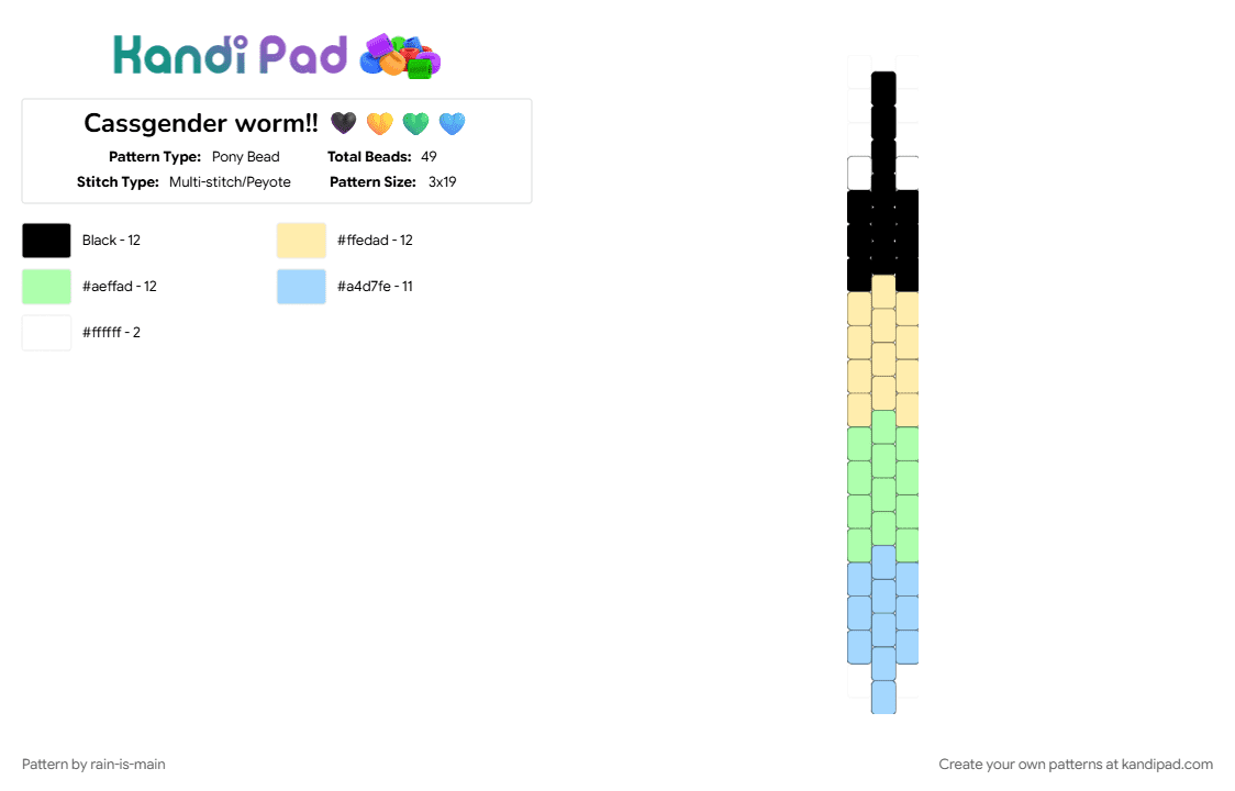 Cassgender worm!! 🖤💛💚🩵 - Pony Bead Pattern by rain-is-main on Kandi Pad - teal, yellow
