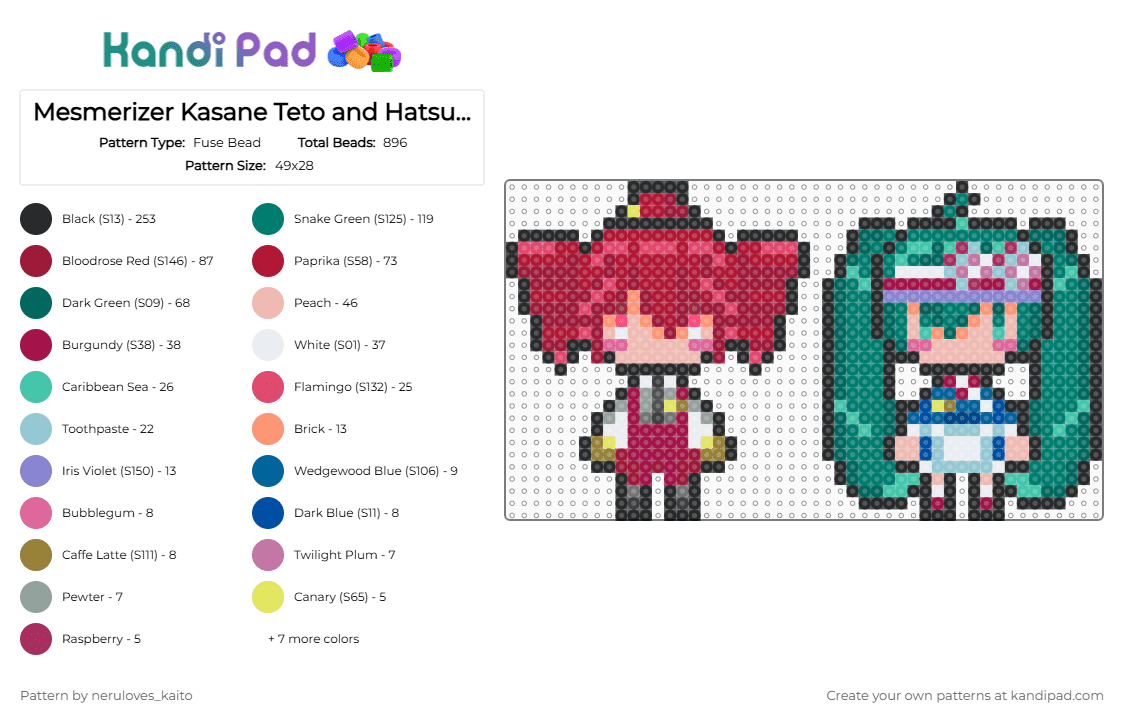 Mesmerizer Kasane Teto and Hatsune Miku! - Fuse Bead Pattern by neruloves_kaito on Kandi Pad - teal,pink,red
