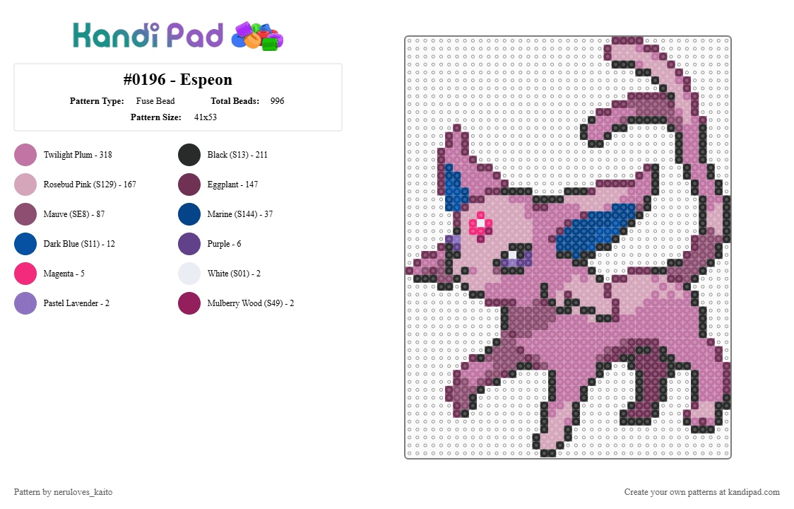 #0196 - Espeon - Fuse Bead Pattern by rain-is-main on Kandi Pad - pink