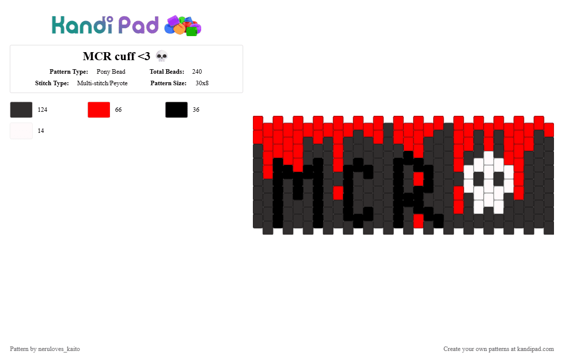 MCR cuff - Pony Bead Pattern by rain-is-main on Kandi Pad - black,red