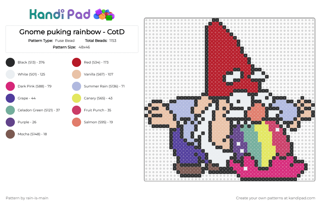 Gnome puking rainbow - CotD - Fuse Bead Pattern by rain-is-main on Kandi Pad - red,beige,pink,cotdgnomes