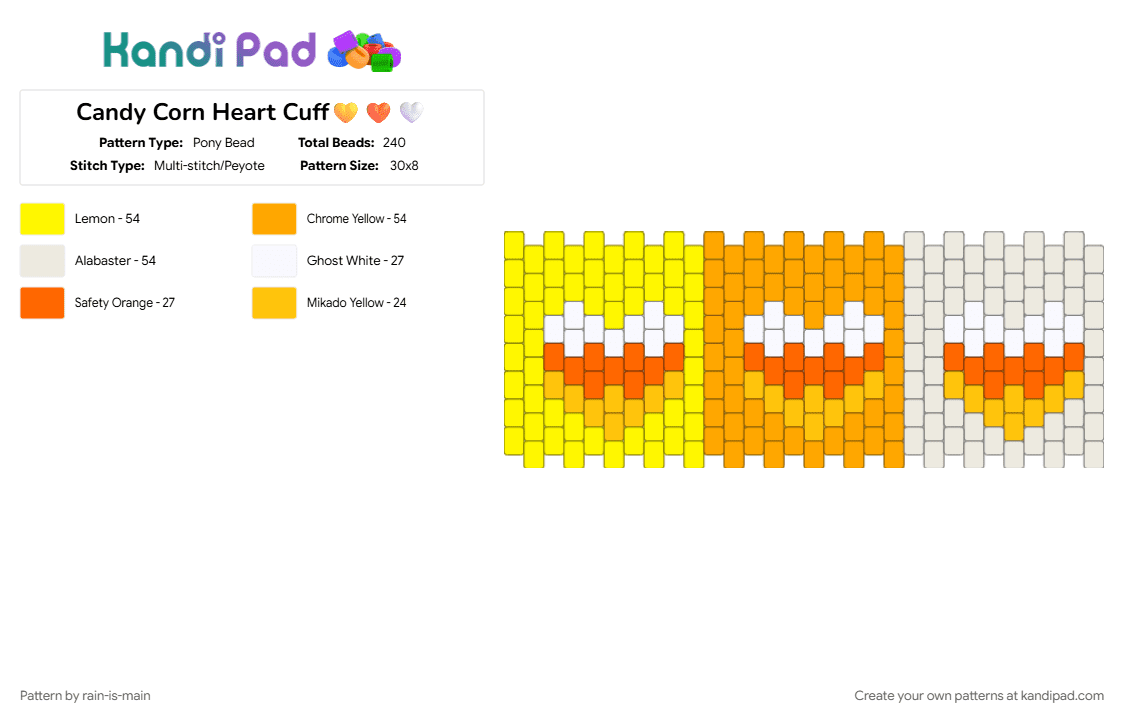 Candy Corn Heart Cuff💛🧡🤍 - Pony Bead Pattern by rain-is-main on Kandi Pad - 