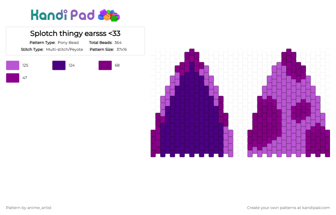 Splotch thingy earsss - Pony Bead Pattern by neruloves_kaito on Kandi Pad - pink,purple