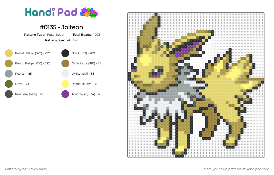 #0135 - Jolteon - Fuse Bead Pattern by rain-is-main on Kandi Pad - gold,yellow