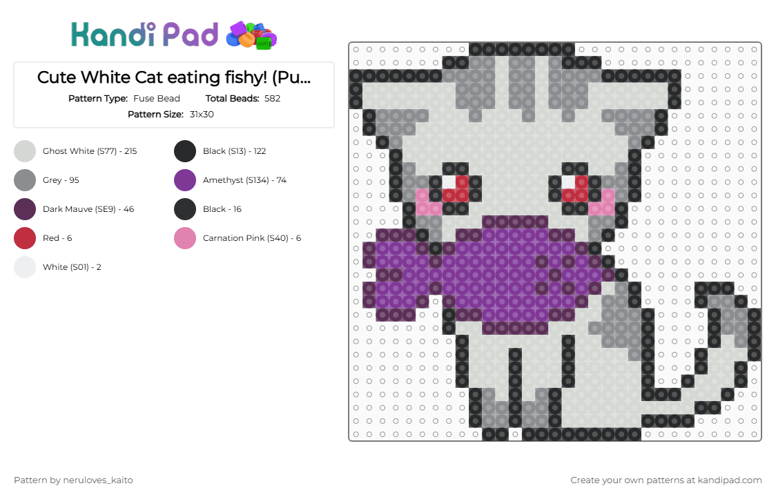 Cute White Cat eating fishy! (Purple fish) - Fuse Bead Pattern by neruloves_kaito on Kandi Pad - pink,gray
