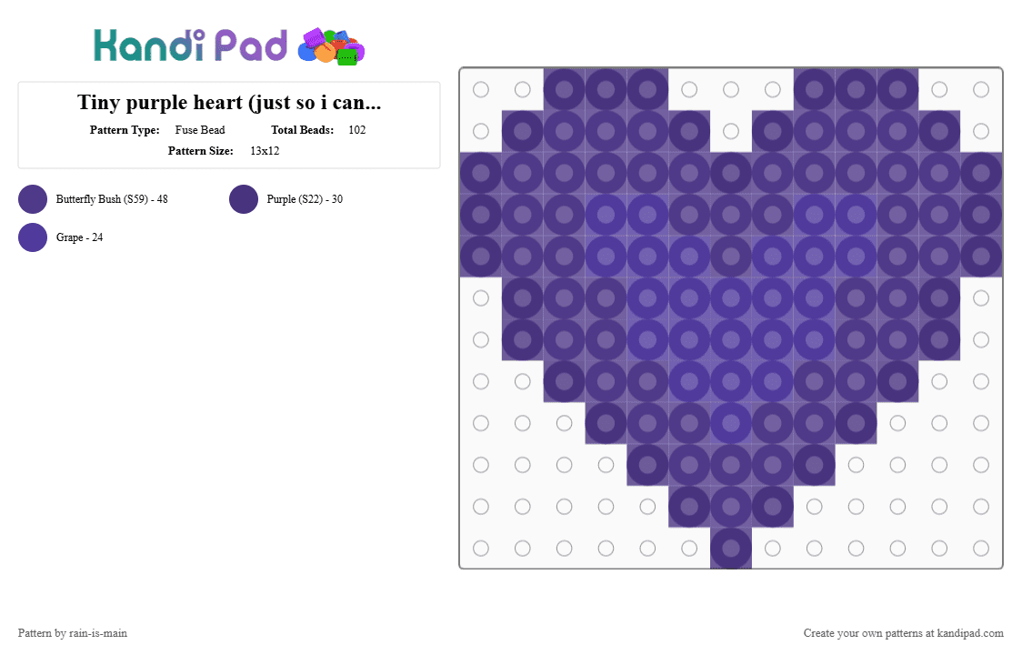 Tiny purple heart (just so i can show my friend how to make a heart with pixels - Fuse Bead Pattern by rain-is-main on Kandi Pad - purple