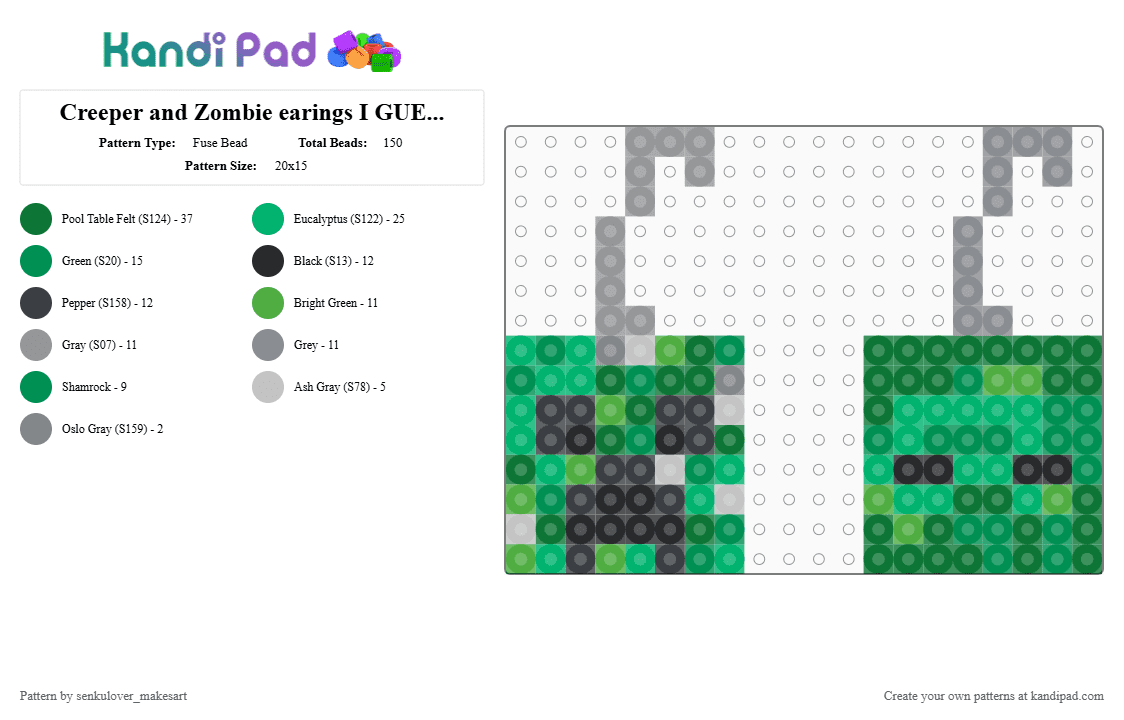 Creeper and Zombie earings I GUESS lol idk - Fuse Bead Pattern by rain-is-main on Kandi Pad - green
