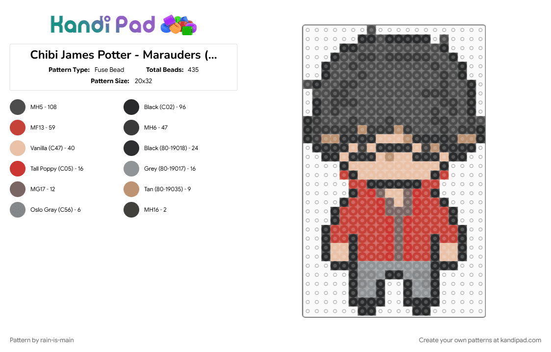 Chibi James Potter - Marauders (requested by @ilovehermessilly55) - Fuse Bead Pattern by rain-is-main on Kandi Pad - gray, red
