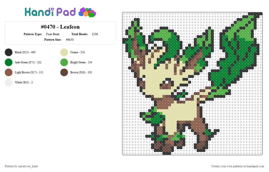 #0470 - Leafeon - Fuse Bead Pattern by neruloves_kaito on Kandi Pad - yellow,green