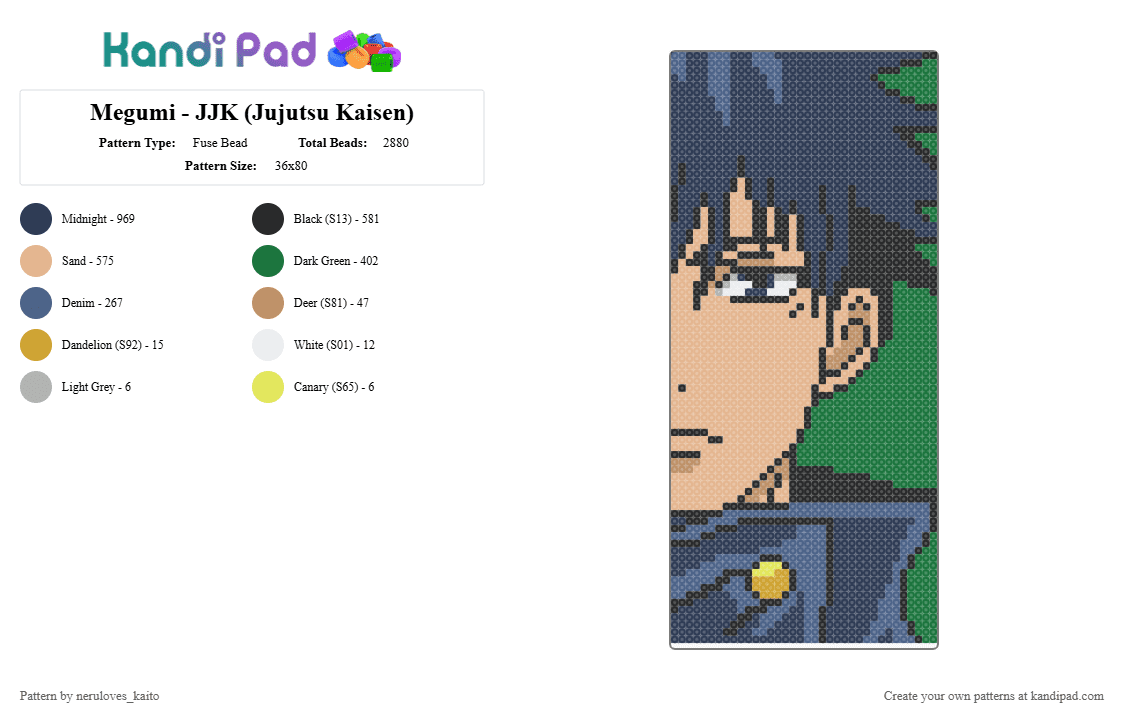 Megumi - JJK (Jujutsu Kaisen) - Fuse Bead Pattern by neruloves_kaito on Kandi Pad - purple,green,beige