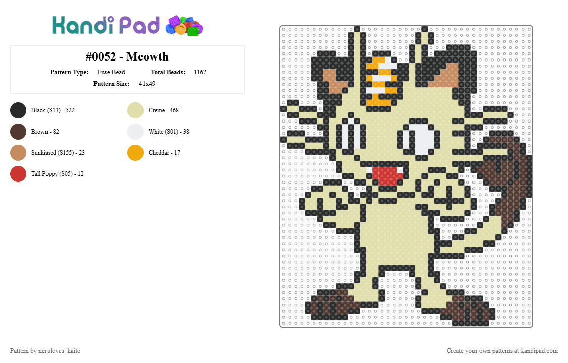 #0052 - Meowth - Fuse Bead Pattern by rain-is-main on Kandi Pad - black,yellow