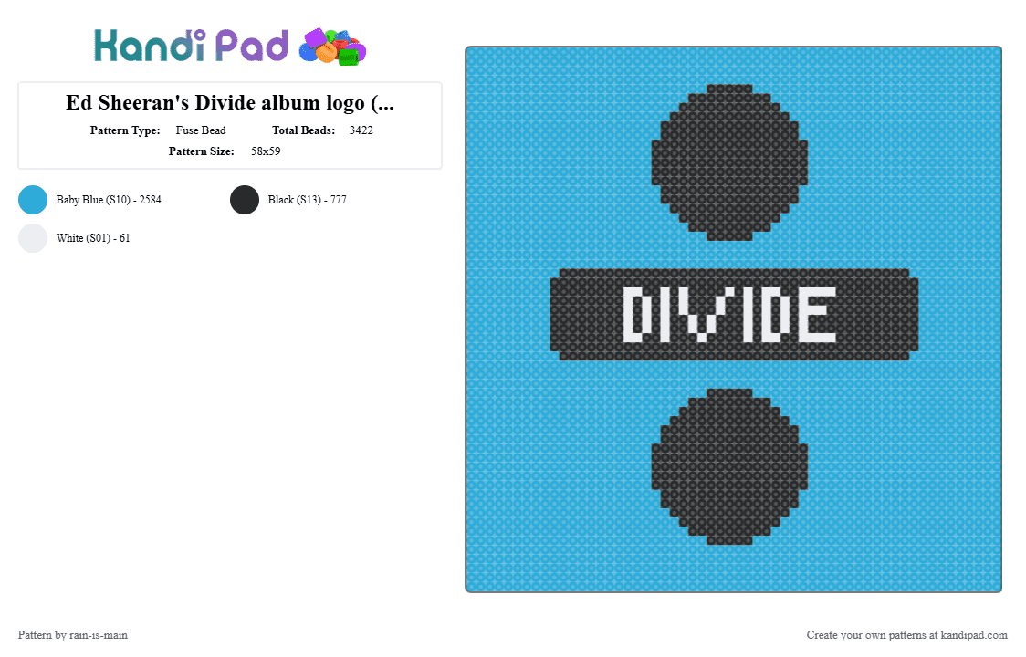 Ed Sheeran\'s Divide album logo (couldn\'t do the splotches i feel like it was a bit to hard, but if you\'d like to try, please do.) - Fuse Bead Pattern by rain-is-main on Kandi Pad - light blue