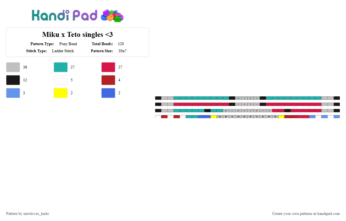 Miku x Teto singles - Pony Bead Pattern by neruloves_kaito on Kandi Pad - beige,teal,red