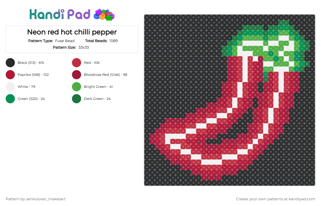 Neon red hot chilli pepper - Fuse Bead Pattern by rain-is-main on Kandi Pad - black,red