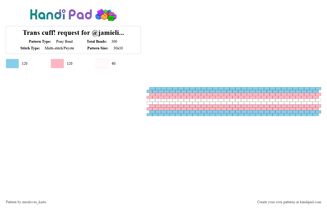 Trans cuff! requested by @jamielikeskandi (Pride) - Pony Bead Pattern by neruloves_kaito on Kandi Pad - light blue,pink