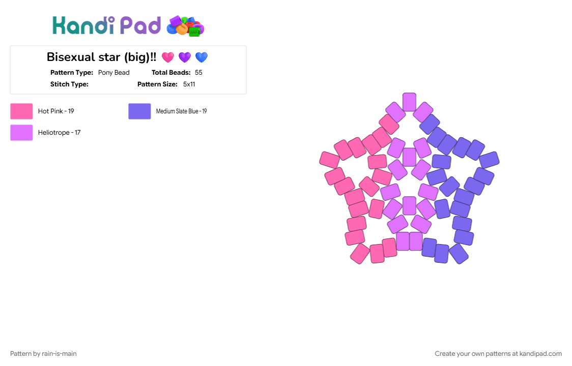 Bisexual star (big)!! 🩷💜💙 - Pony Bead Pattern by rain-is-main on Kandi Pad - blue, pink