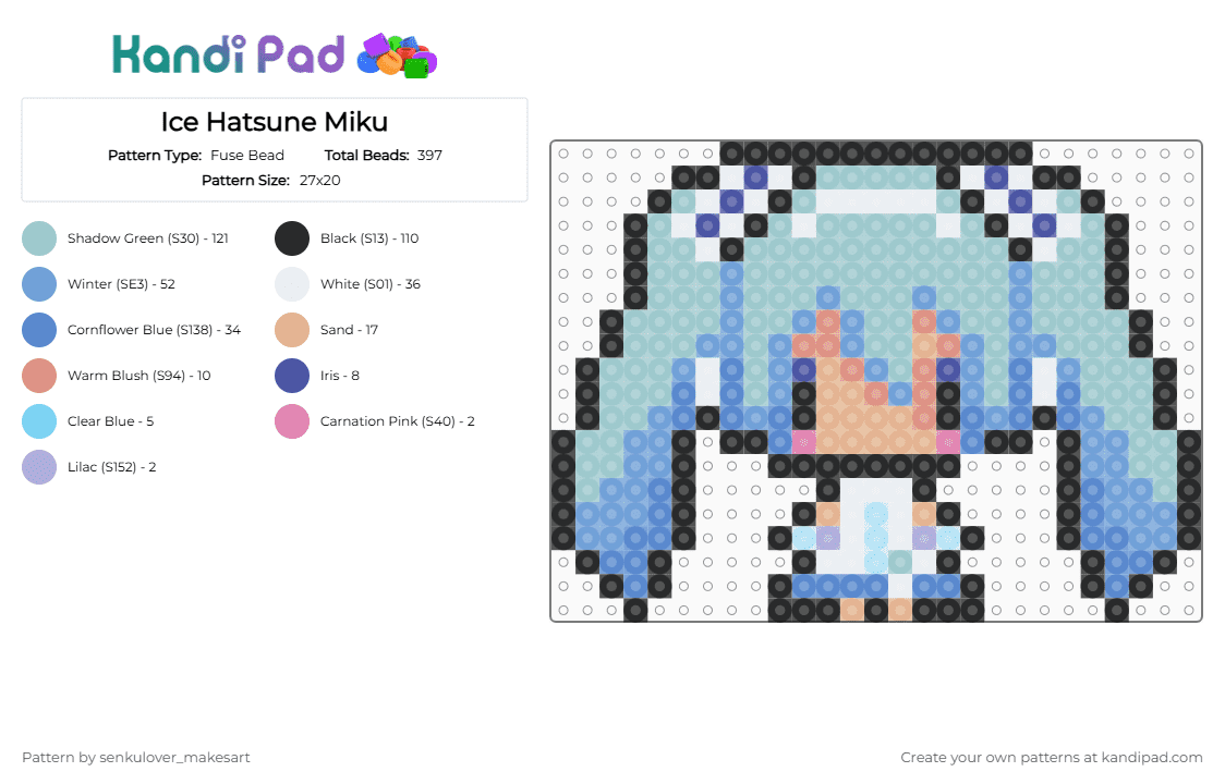Ice Hatsune Miku - Fuse Bead Pattern by rain-is-main on Kandi Pad - light blue