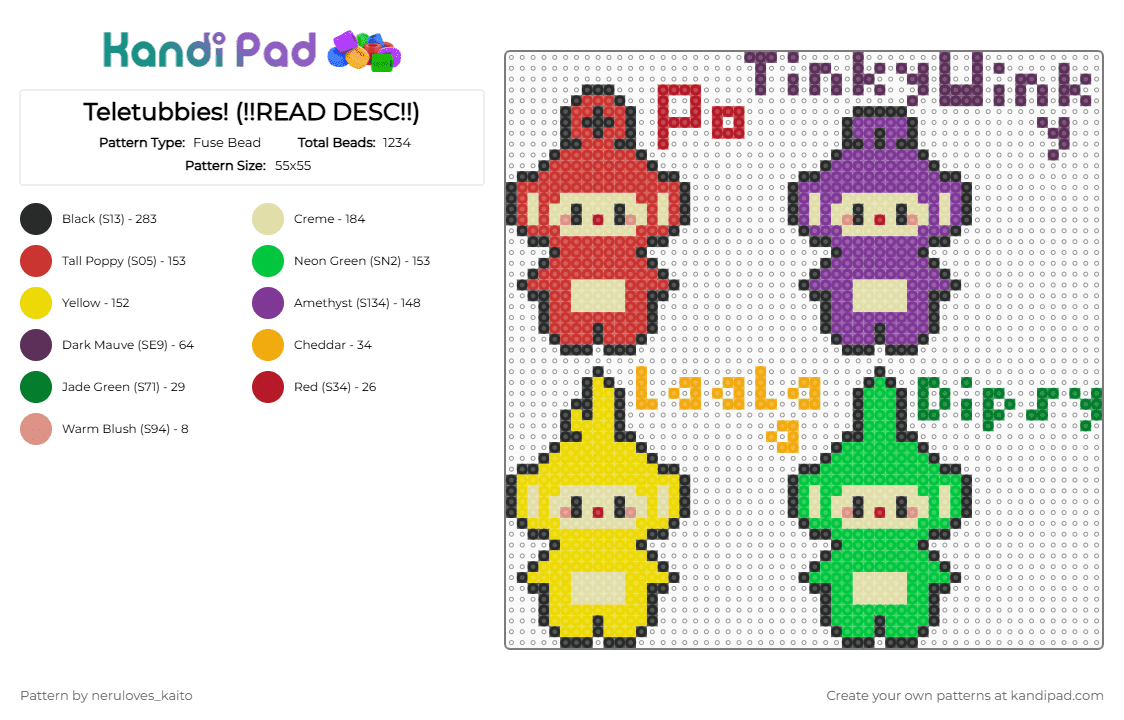 Teletubbies! (!!READ DESC!!) - Fuse Bead Pattern by neruloves_kaito on Kandi Pad - yellow,red,pink,green