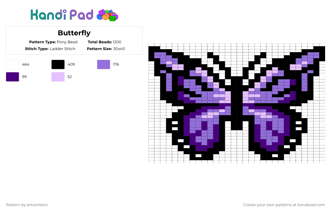 Butterfly - Pony Bead Pattern by artworksnc on Kandi Pad - white,purple