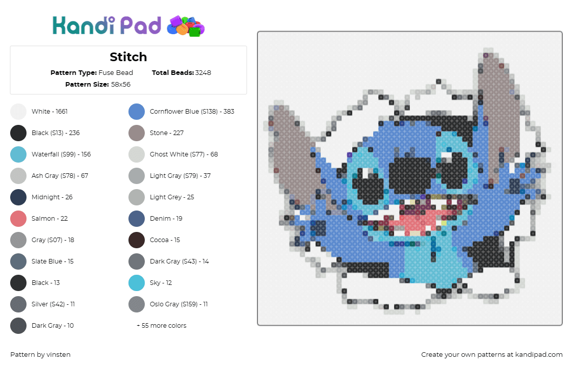 Stitch - Fuse Bead Pattern by vinsten on Kandi Pad - stitch,lilo and stitch,alien,disney,character,animation,movie,blue