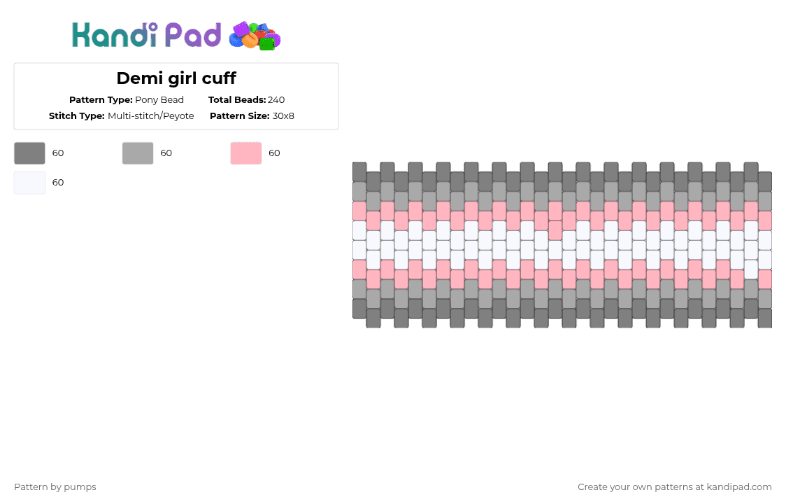 Demi girl cuff - Pony Bead Pattern by pumps on Kandi Pad - gray,beige,pink