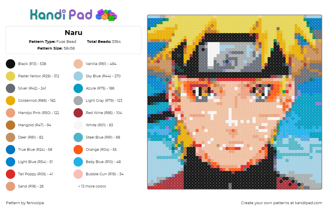 Naru - Fuse Bead Pattern by fenixolpa on Kandi Pad - naruto uzumaki,anime,character,ninja,manga,protagonist,shonen,yellow,beige