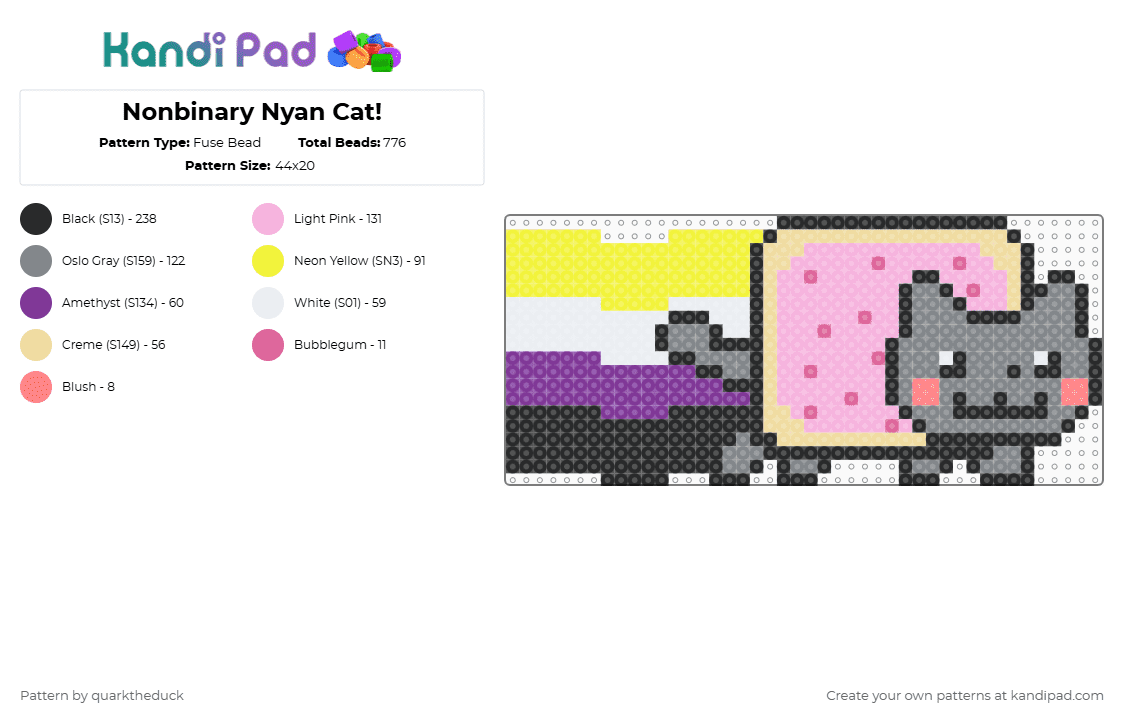 Nonbinary Nyan Cat! - Fuse Bead Pattern by quarktheduck on Kandi Pad - gray,pink,yellow,nyan,cat,rainbow,nyan cat,cute,pride,nonbinary,enby