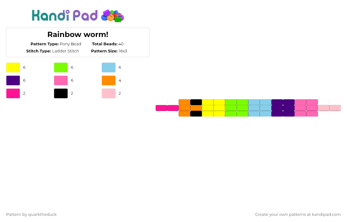 Rainbow worm! - Pony Bead Pattern by quarktheduck on Kandi Pad - pink,green,purple,colorful,rainbow,worm,small