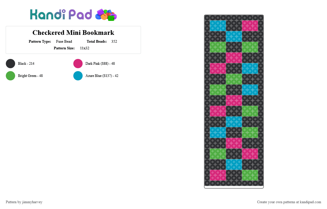 Checkered Mini Bookmark - Fuse Bead Pattern by jimmyharvey on Kandi Pad - black,pink,green,msi,mindless self indulgence