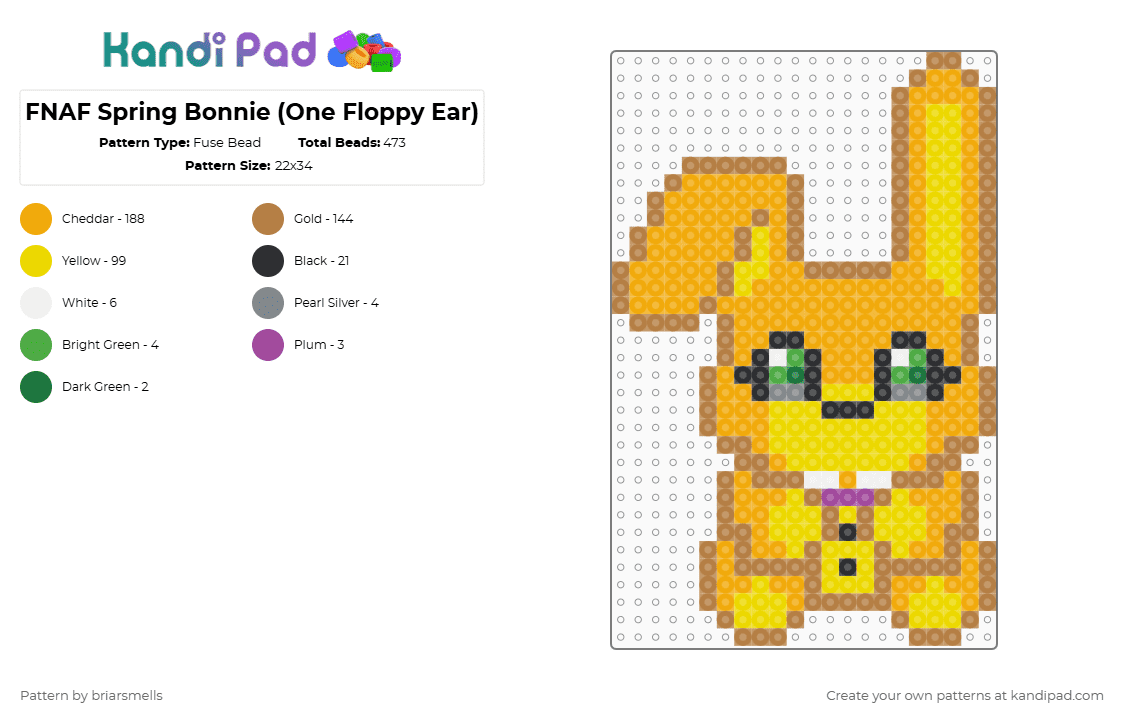 FNAF Spring Bonnie (One Floppy Ear) - Fuse Bead Pattern by briarsmells on Kandi Pad - tan,orange,yellow