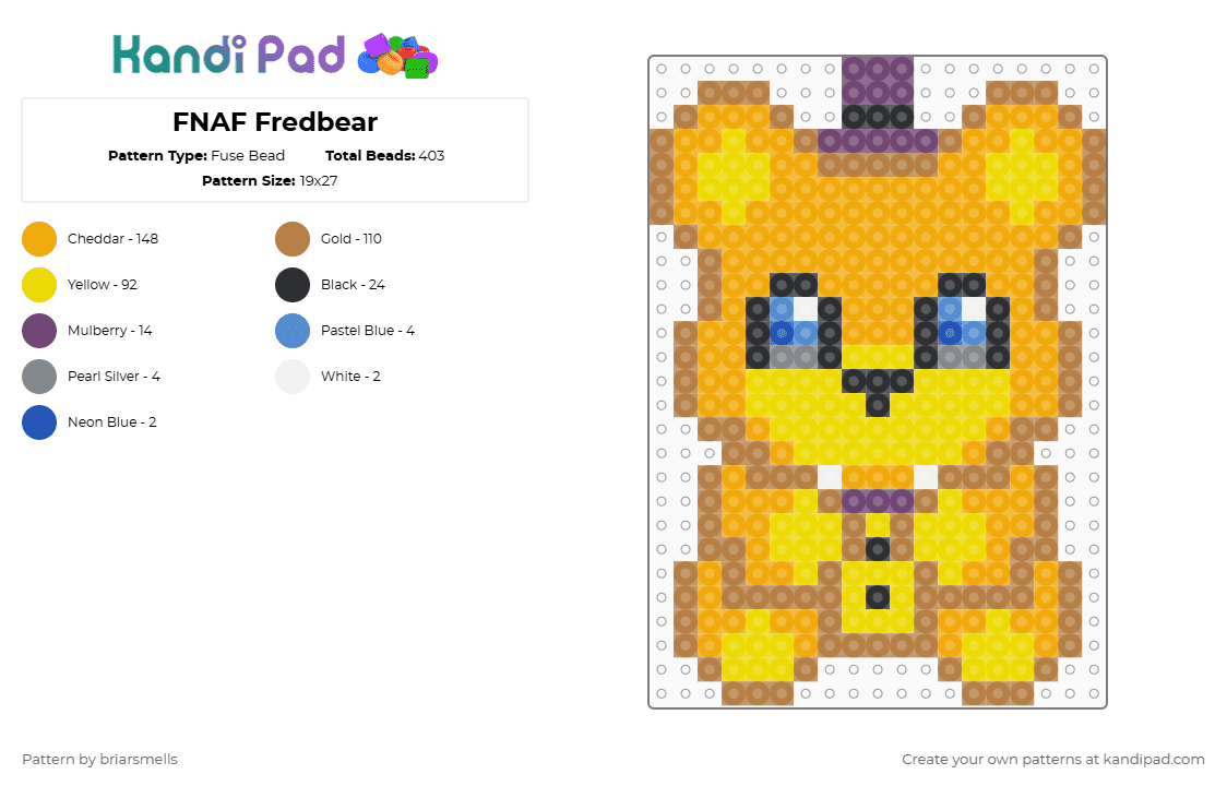 FNAF Fredbear - Fuse Bead Pattern by briarsmells on Kandi Pad - tan,orange,yellow,fnaf,five nights at freddys,freddy,fredbear,fred bear,bear,cute