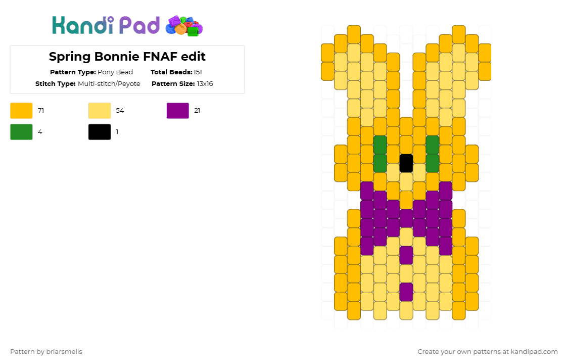 Spring Bonnie FNAF edit - Pony Bead Pattern by briarsmells on Kandi Pad - yellow,fnaf,five nights at freddys,spring,bonnie,william afton,rabbit,bunny