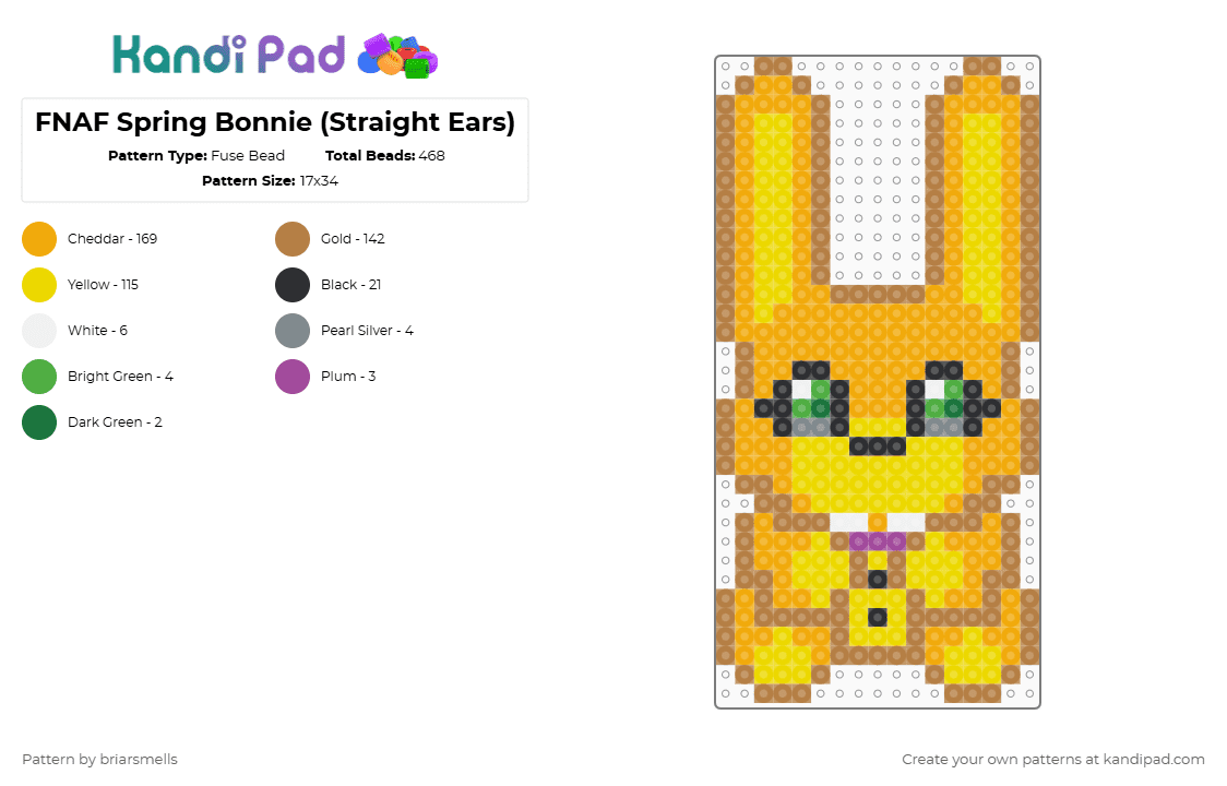 FNAF Spring Bonnie (Straight Ears) - Fuse Bead Pattern by briarsmells on Kandi Pad - tan,orange,yellow,fnaf,five nights at freddys,spring bonnie,springbonnie,rabbit,bunny,cute