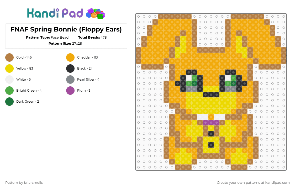 FNAF Spring Bonnie (Floppy Ears) - Fuse Bead Pattern by briarsmells on Kandi Pad - tan,orange,yellow,fnaf,five nights at freddys,spring bonnie,springbonnie,rabbit,bunny,cute