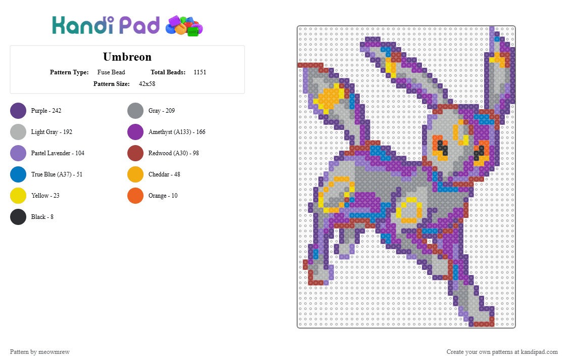 Umbreon - Fuse Bead Pattern by meowmrew on Kandi Pad - purple,pink,gray,colorful,umbreon,pokemon,pokemonpattern,poket monsters,umbreonpattern,art,cute,eeveelutions