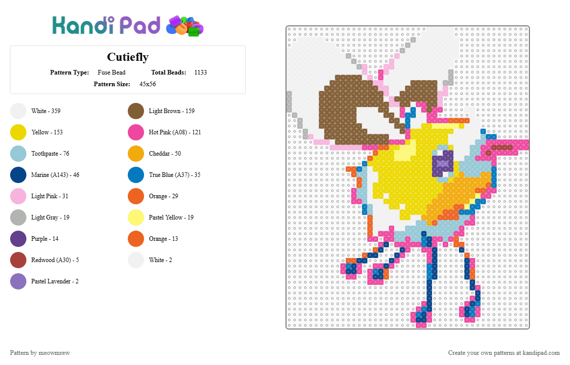 Cutiefly - Fuse Bead Pattern by meowmrew on Kandi Pad - yellow,blue,pink,colorful,pokemon,cutiefly,art,pokemonpattern,bug,cute