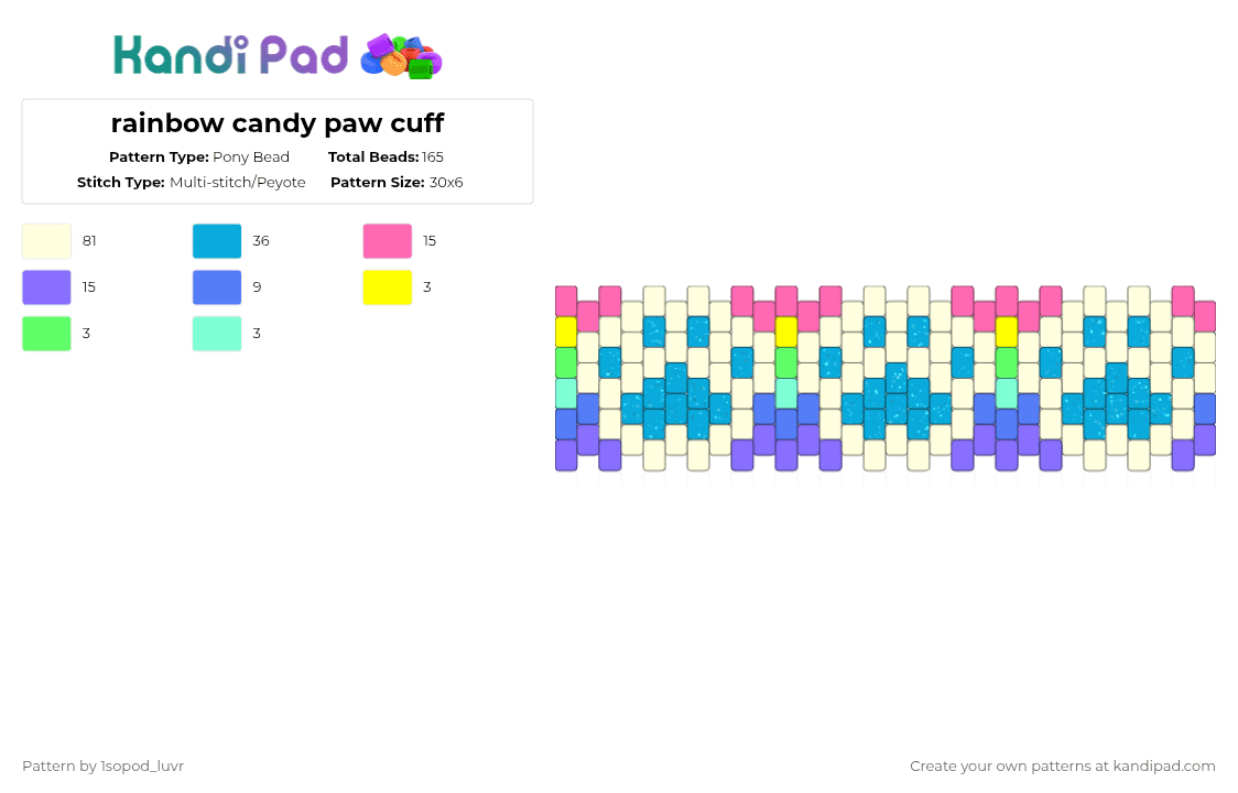 rainbow candy paw cuff - Pony Bead Pattern by 1sopod_luvr on Kandi Pad - white,blue,light blue,rainbow,paws,glitter,furry,dog paw,cat paw,puppy,cute