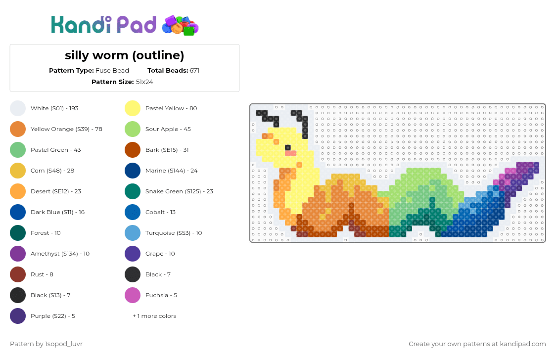 silly worm (outline) - Fuse Bead Pattern by 1sopod_luvr on Kandi Pad - yellow,orange,teal,colorful,worm,inchworm,beanie baby,bug,plushie,toy,nostalgia,rainbow