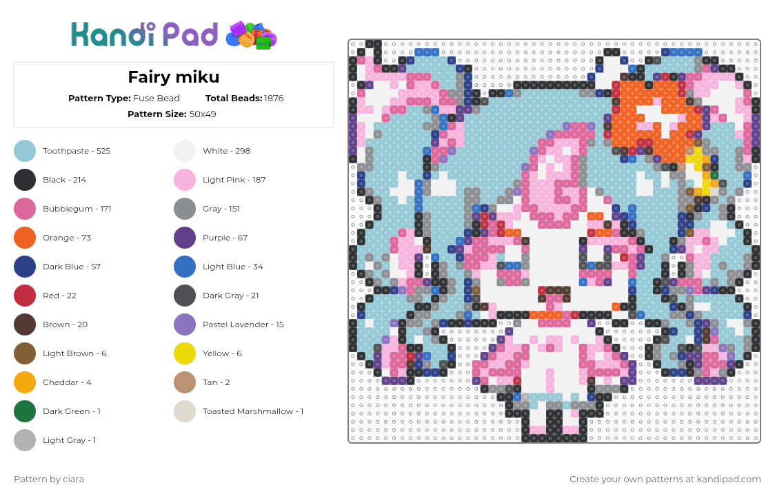 Fairy miku - Fuse Bead Pattern by ciara on Kandi Pad - blue,pink,light blue,gray