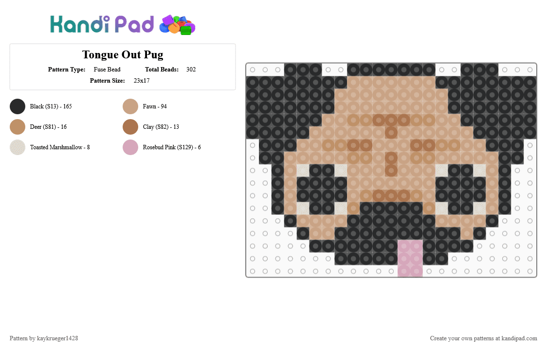 Tongue Out Pug - Fuse Bead Pattern by kaykrueger1428 on Kandi Pad - black,beige,pug,tongue,dog,cute