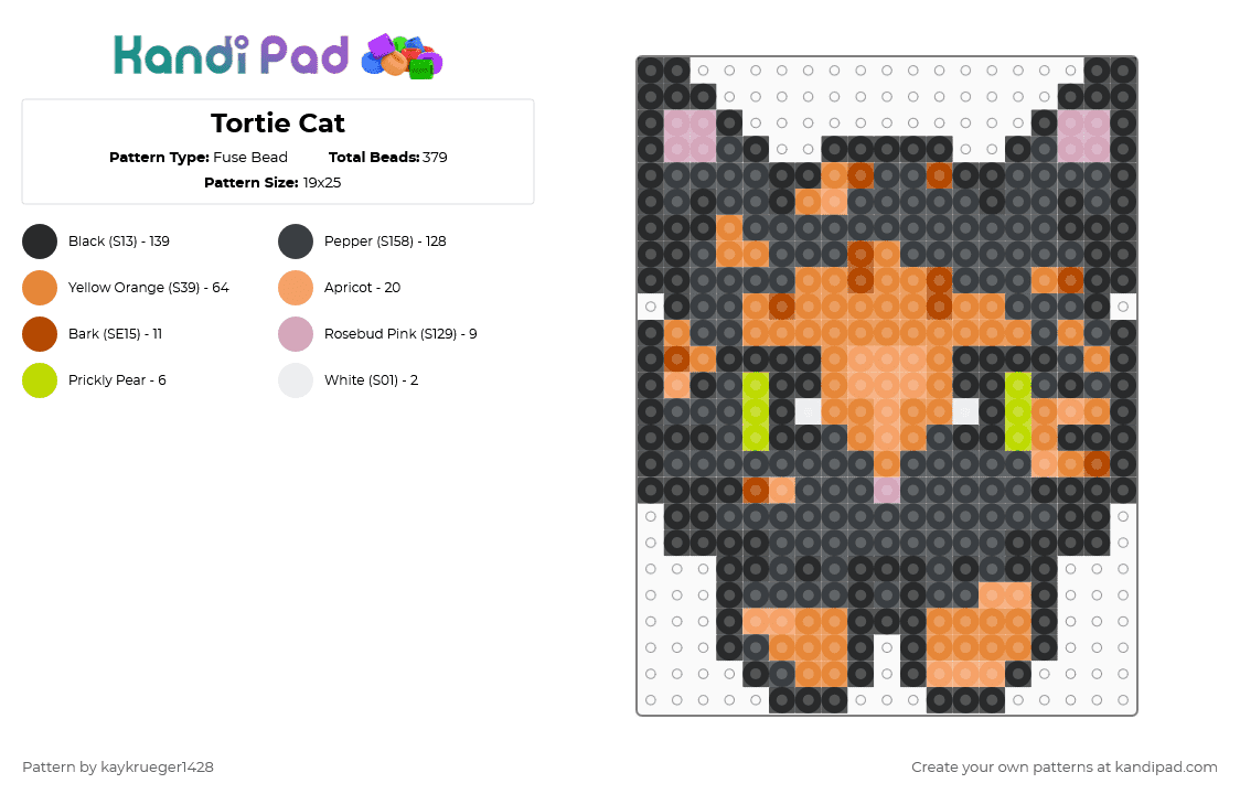 Tortie Cat - Fuse Bead Pattern by kaykrueger1428 on Kandi Pad - black,orange,tortie,cat,kitten